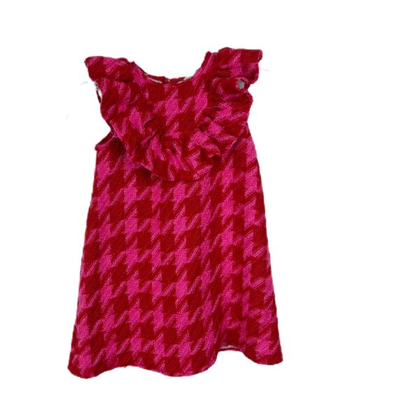 River Island Mini Dress Youth 3-4 Years Pink Red Houndstooth Tweed Ruffled Kids - Picture 1 of 13